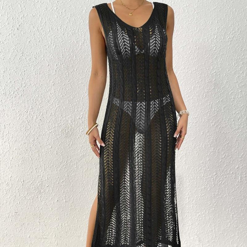Women's Holiday Beach Dress Hollow Woven Vest Sexy Slit Long Dress