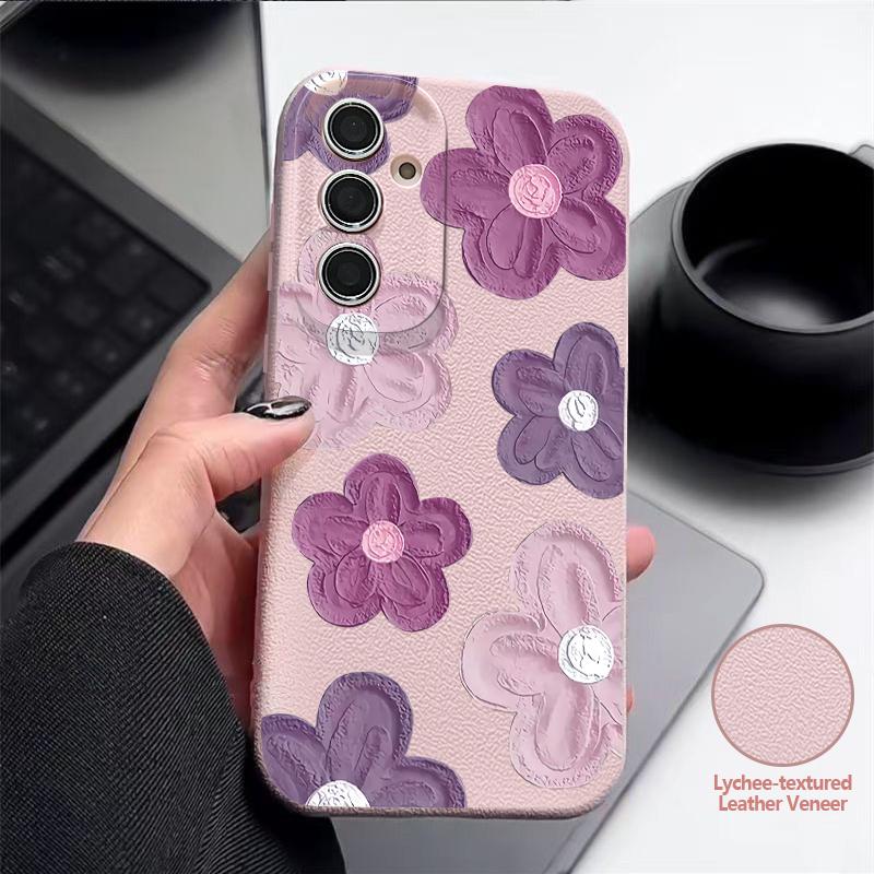 Coque Fleurie Rétro Rose Noire Pour Samsung S26 Ultra A57 A37 A17 A18 S25 S24 S23 S22 Ultra S21 FE A15 A35 A55 A16 A36 A56 5G Couverture Texture Cuir