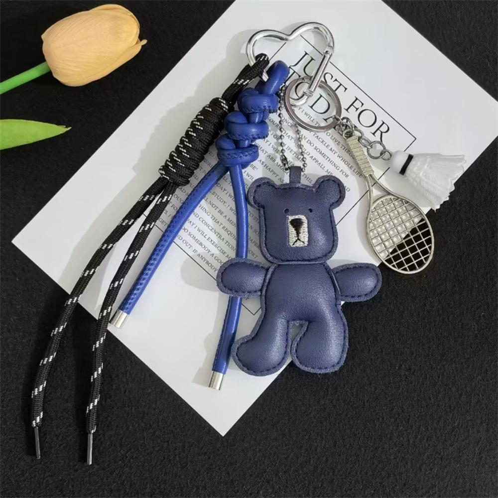 

Cartoon Bear Racket Keychain Badminton Good Luck Leather Bag Pendant Keyring Ins Little Bear Bag Hanging Bag Key Decor темно-синий