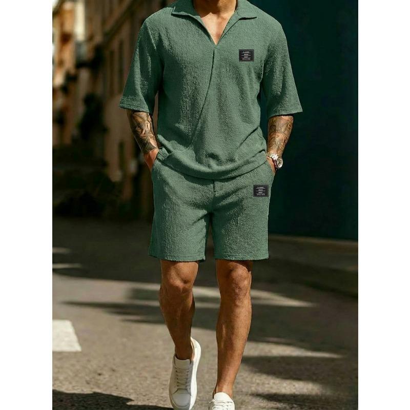 Mens Light Blue Terry Cloth Polo Shirt and Shorts 2-Piece Set