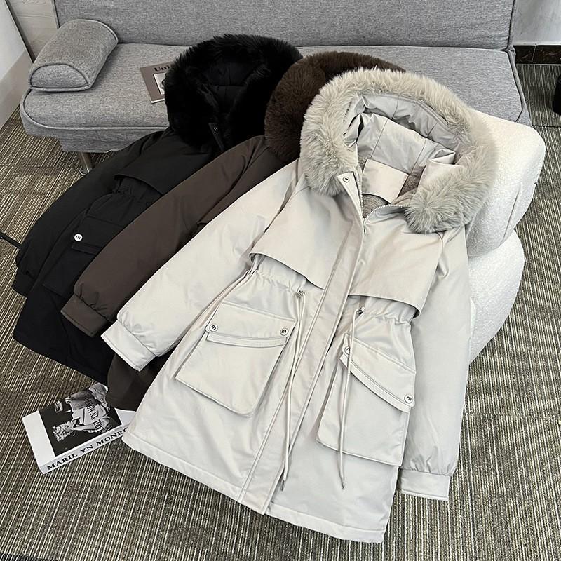 Womens Winter Thick Padded Coat Mid-Length Loose Fit Casual Commute Style With Faux Fur Hood