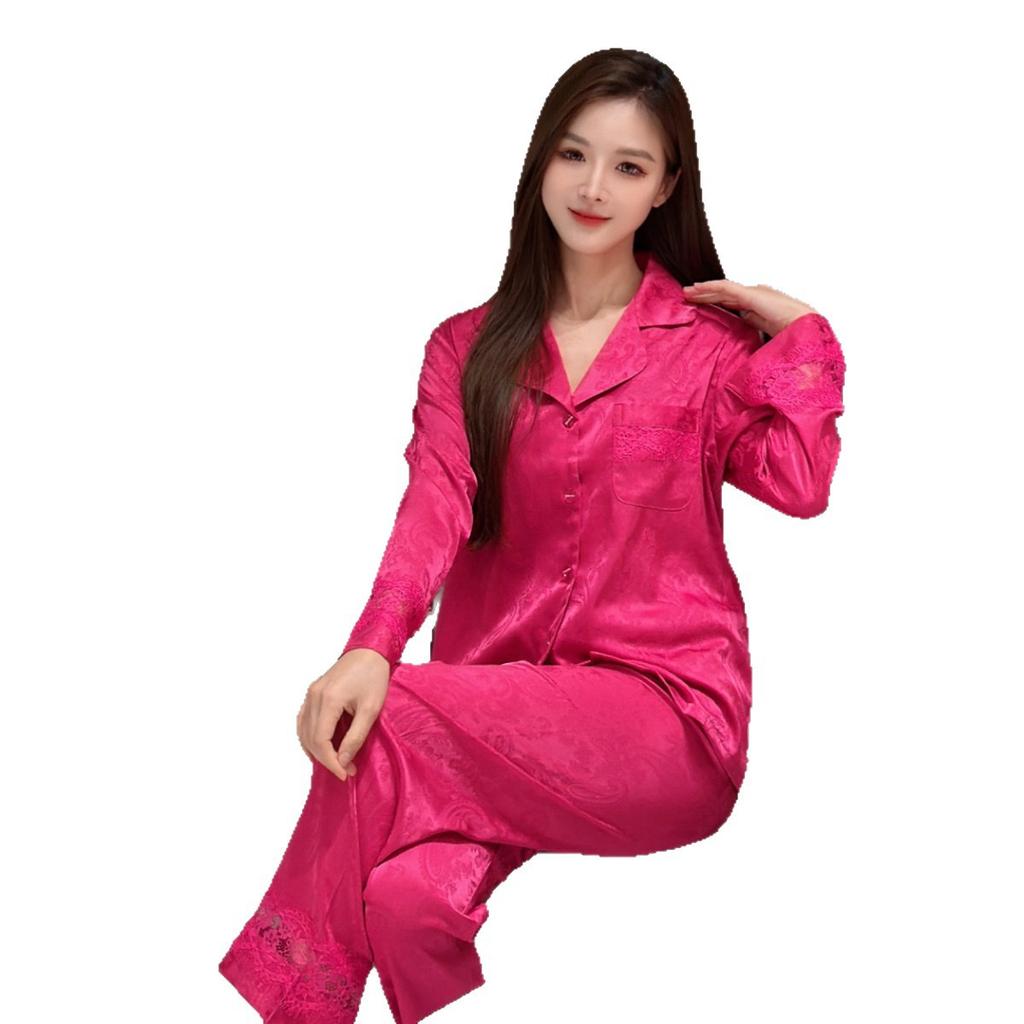 Pajamas Women's Ice Silk High-end Lace Jacquard Long-sleeved Trousers Cardigan High-end Loungewear Suit Can Be Worn Outside In Spring