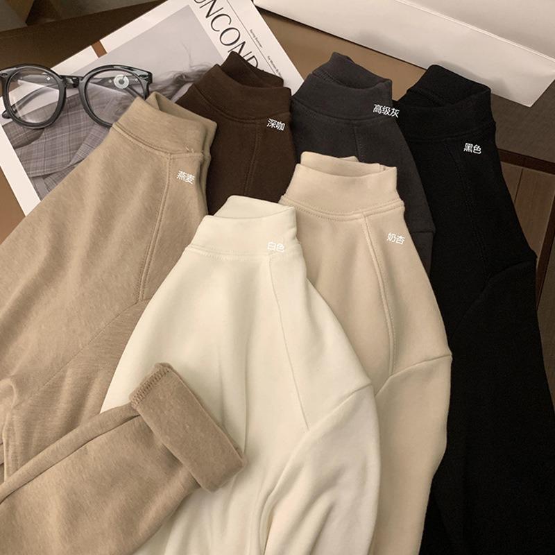 High-end mid-neck bottoming shirt women's spring polished warm inner top semi-turtleneck fishbone long-sleeved shirt