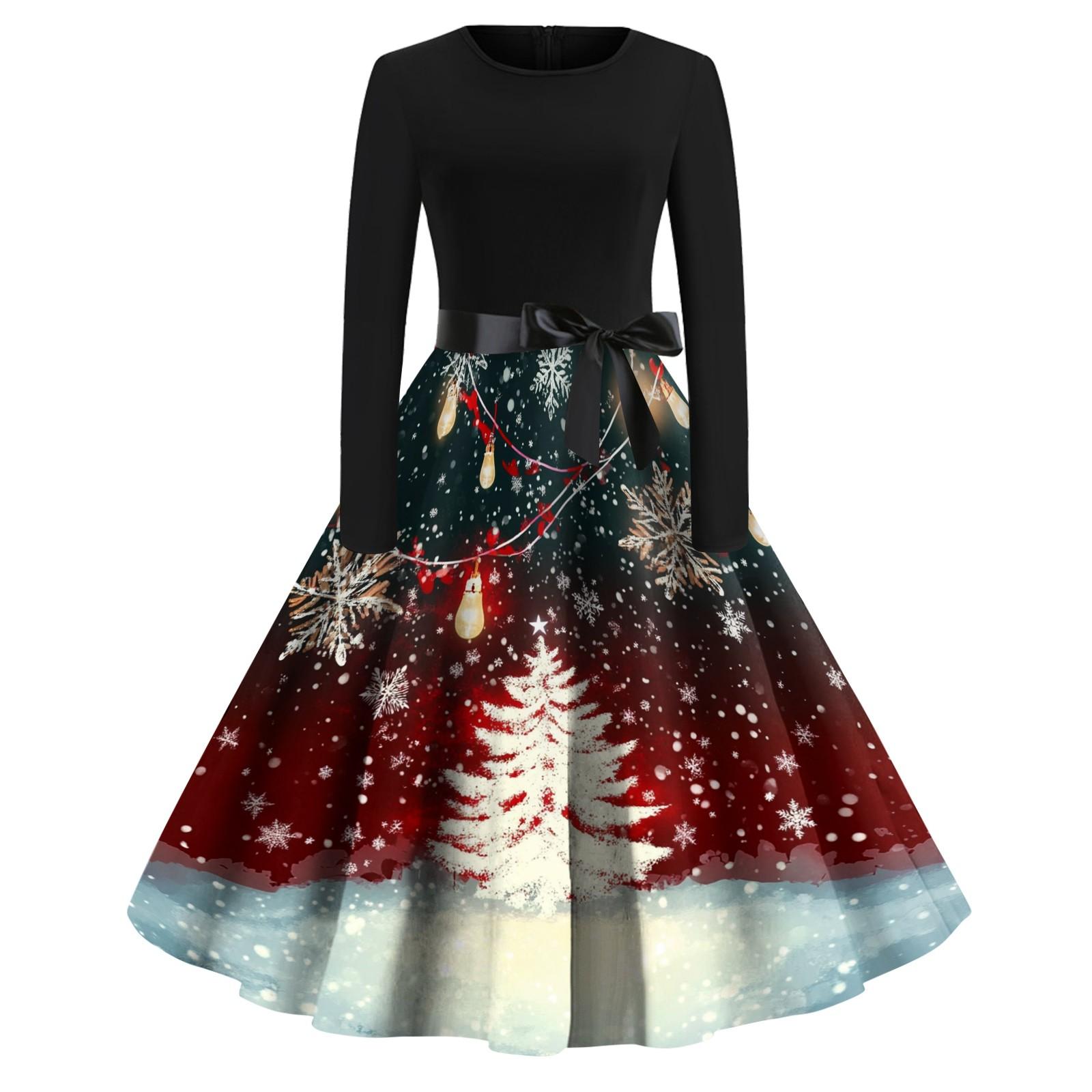 

Женское рождественское платье с круглым вырезом и большим подолом, плиссированная юбка с длинными рукавами XXL белый