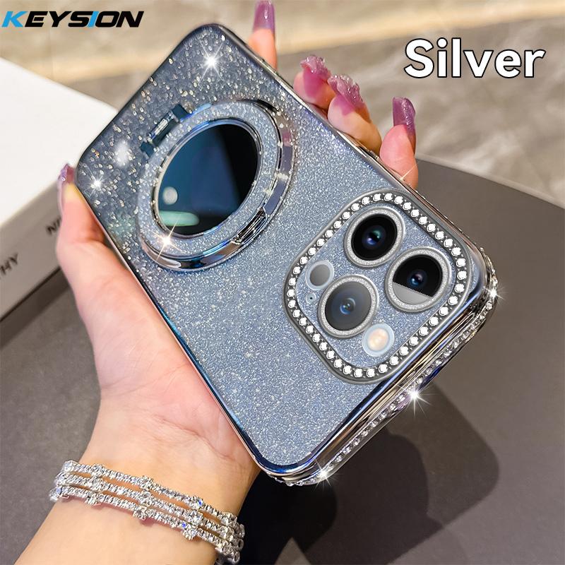 KEYSION Luxury Glitter Jewelled Magnetic Phone Case for iPhone 13 14 Pro Max Makeup Mirror Ring Stand Shockproof Back Cover