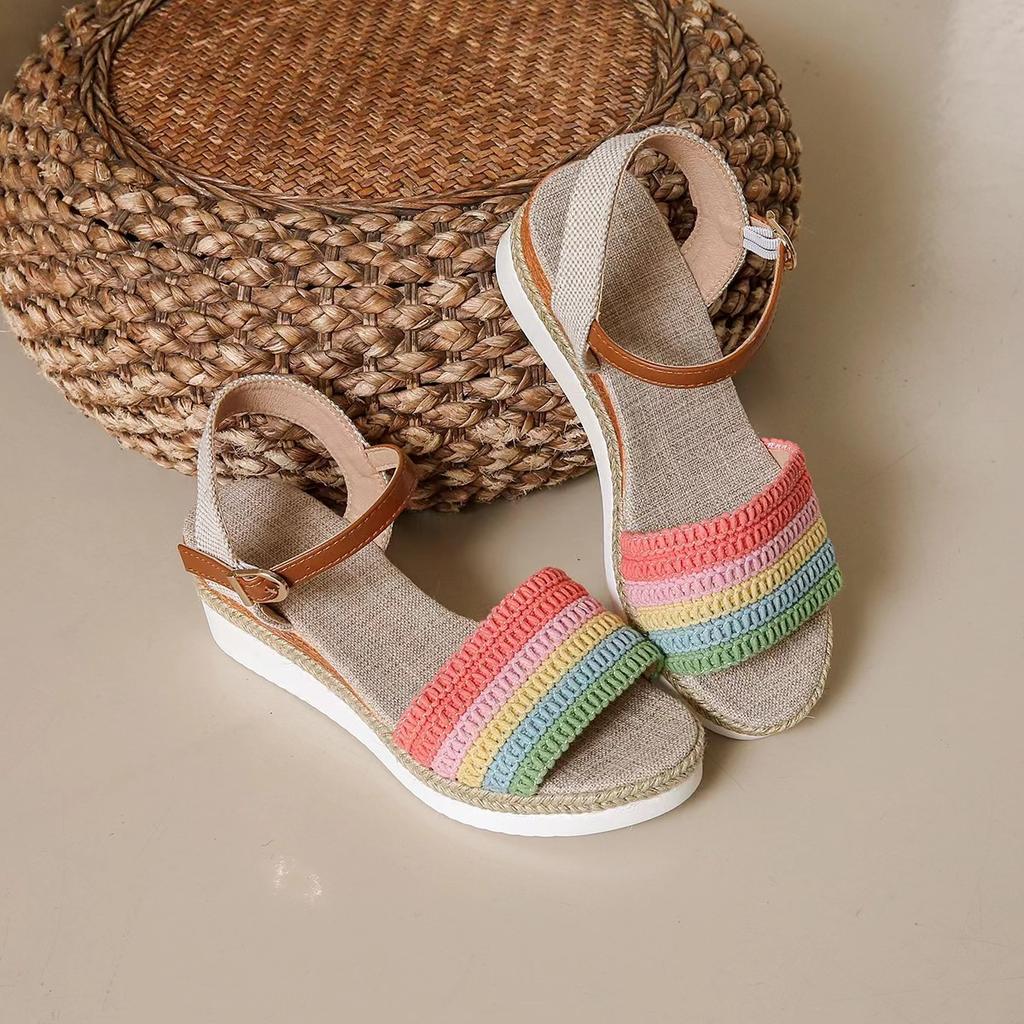 2024 summer new Velcro fish mouth casual shoes color matching flat sandals retro beach shoes women hollow