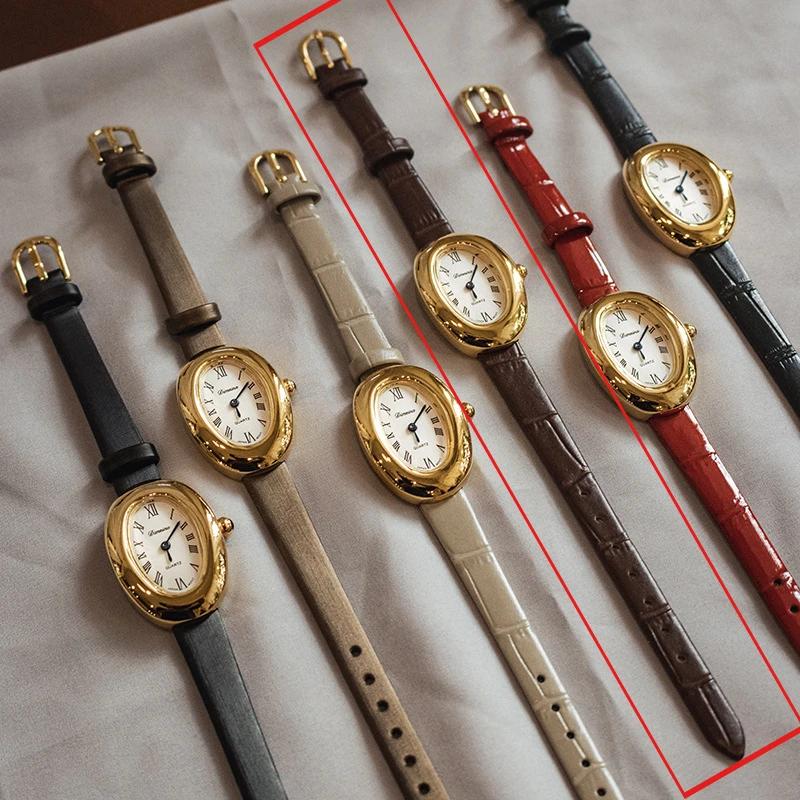 Women's Vintage Oval Goose Egg Quartz Watch Waterproof Real Leather Dress Ladies' Watch Christmas Gift Clock Montres Pour Femmes