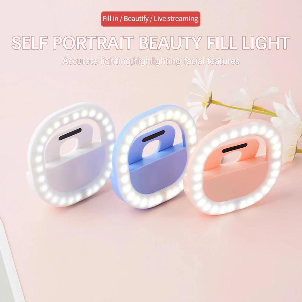 Mini Selfie Ring Light USB Portable Clip-on Led Phone Fill Light for 3-level Brightness Dimmable for Live Stream Selfie Makes up