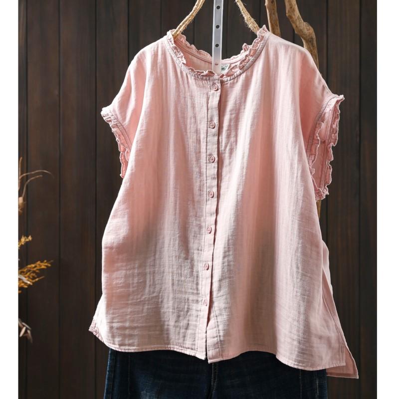 

Johnature Women Vintage Cotton Tank Tops O-Neck Solid Color Summer Button Sleeveless Shirts Loose Soft Casual Tank Tops L рожевий