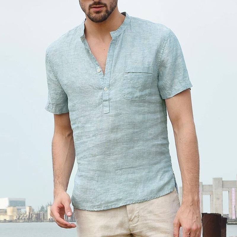 Camiseta de Verano para Hombre de Algodón y Lino de Manga Corta Camiseta Casual para Hombre Camisa Masculina Transpirable