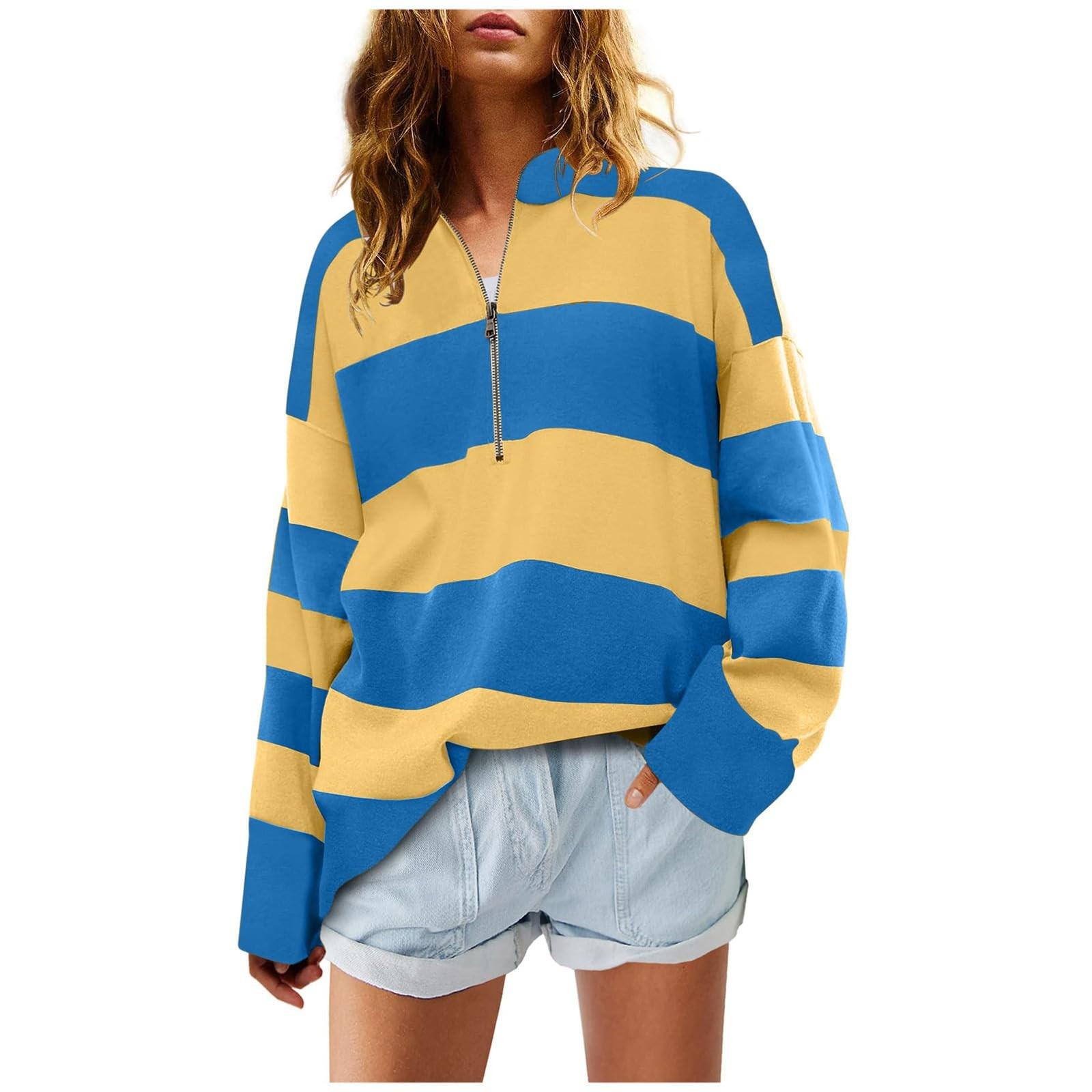 

Свитшоты для женщин, свободные, с длинным рукавом, повседневные, в полоску, осенние, с полумолнией, с V-образным вырезом, цветные блоки, пуловеры, свитшоты, топы S жёлтый