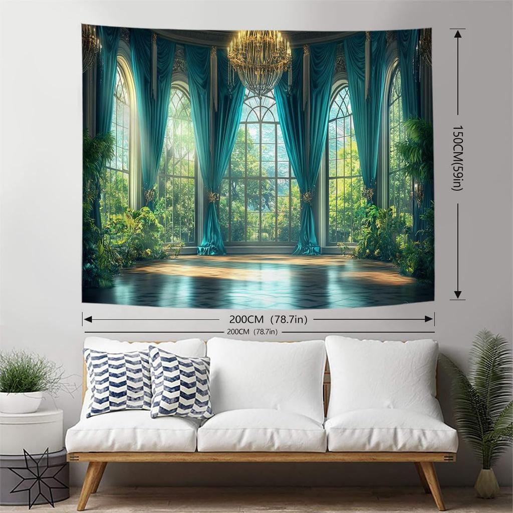 Spring Window View Tapestry Wall Hanging Garden Green Forest Scene Outside Vintage Window Crystal Light Wall Decor For Bedroom