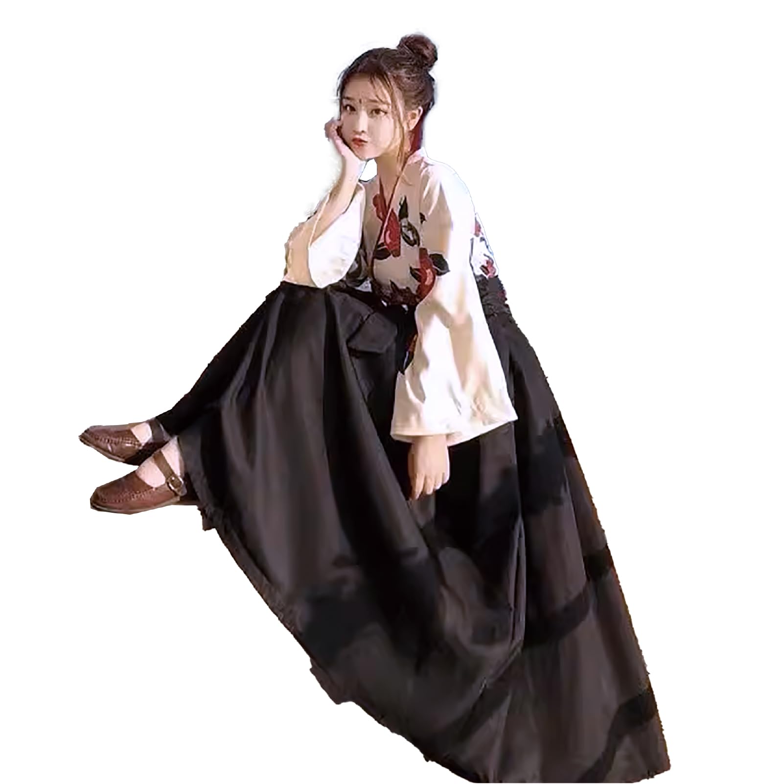 Романтика Тайсё Размер L Японский стиль Косплей костюм Черная Хакама Лолита Длинная Длина Узор с камелиями Японская одежда Мероприятие по переодеванию с чёрный
