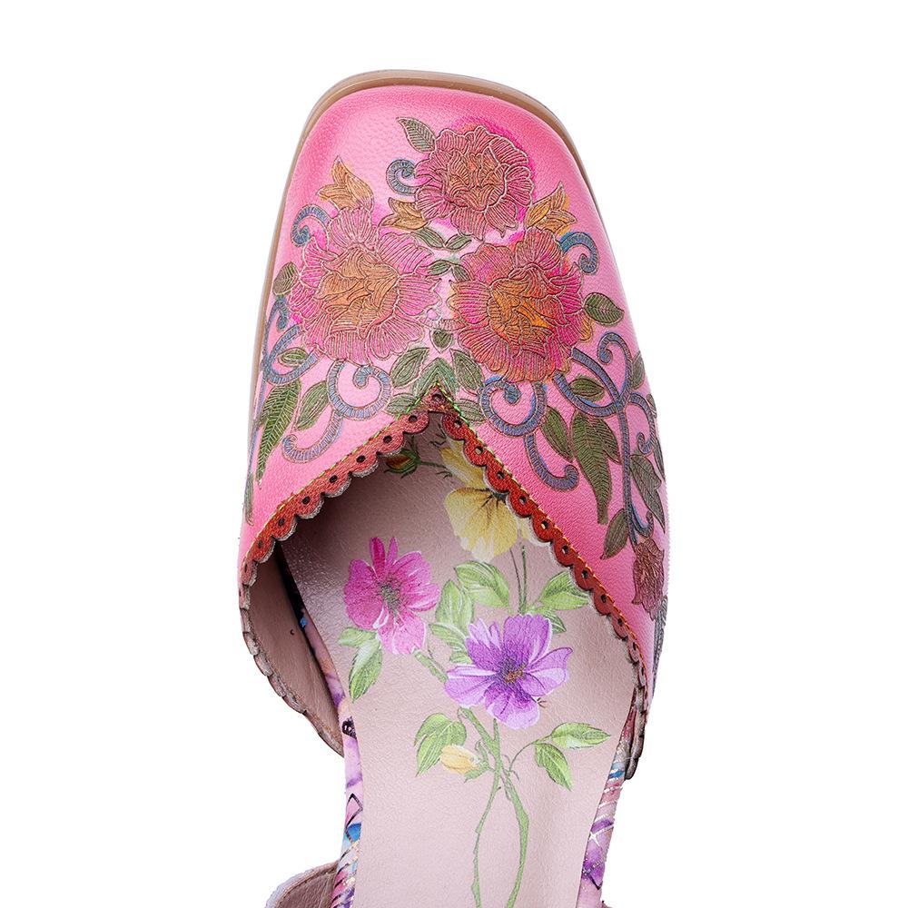 Johnature Handmade Genuine Leather Retro Court Style Exquisite Carved Comfortable High-heeled Sandals