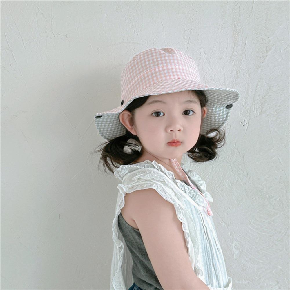 Drawstring Boys Girls Bucket Cap Lattice Baby Sun Hat Breathable Children Fisherman Hat  Outdoor
