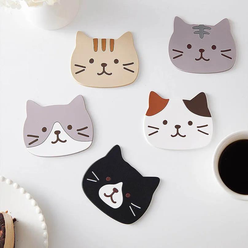 Cute Cat Cup Coasters, Reusable Silicone Drink Coasters Non Slip, Washable Heat Resistant Glass Cup Rubber Pad Mat Novelty Gifts