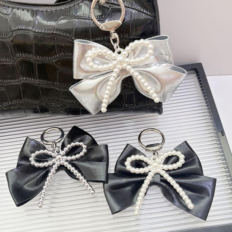 Pearl Leather Bow Keychain Bow Beaded Charm Pendant Keyring Jewelry For Girl Women Gift Bag Decoration