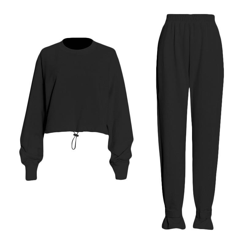 

High-end Round Collar Pullover Drawstring Sweater Casual Leg Long Pants Two-piece Suit Women s XL чорний