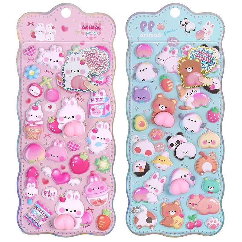 Set of 2 Cute Puffy Butt Stickers, 3D Animal and Character Stickers, Marshmallow and Fluffy, for Decoration, Cell Phone Decoration, Planner, Diary,