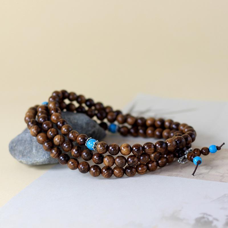 Hand Polished Wood 108 Mala Rosary Bracelet 8mm Turquoise Prayer Beads for Comfortable All Day Wear