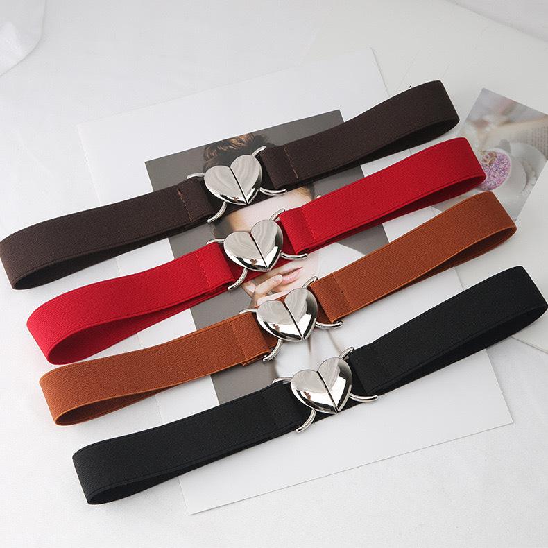 Women's Love Buckle Skinny Belt - Elastic Waistband for Dresses, Narrow Leather Cinch, Black
