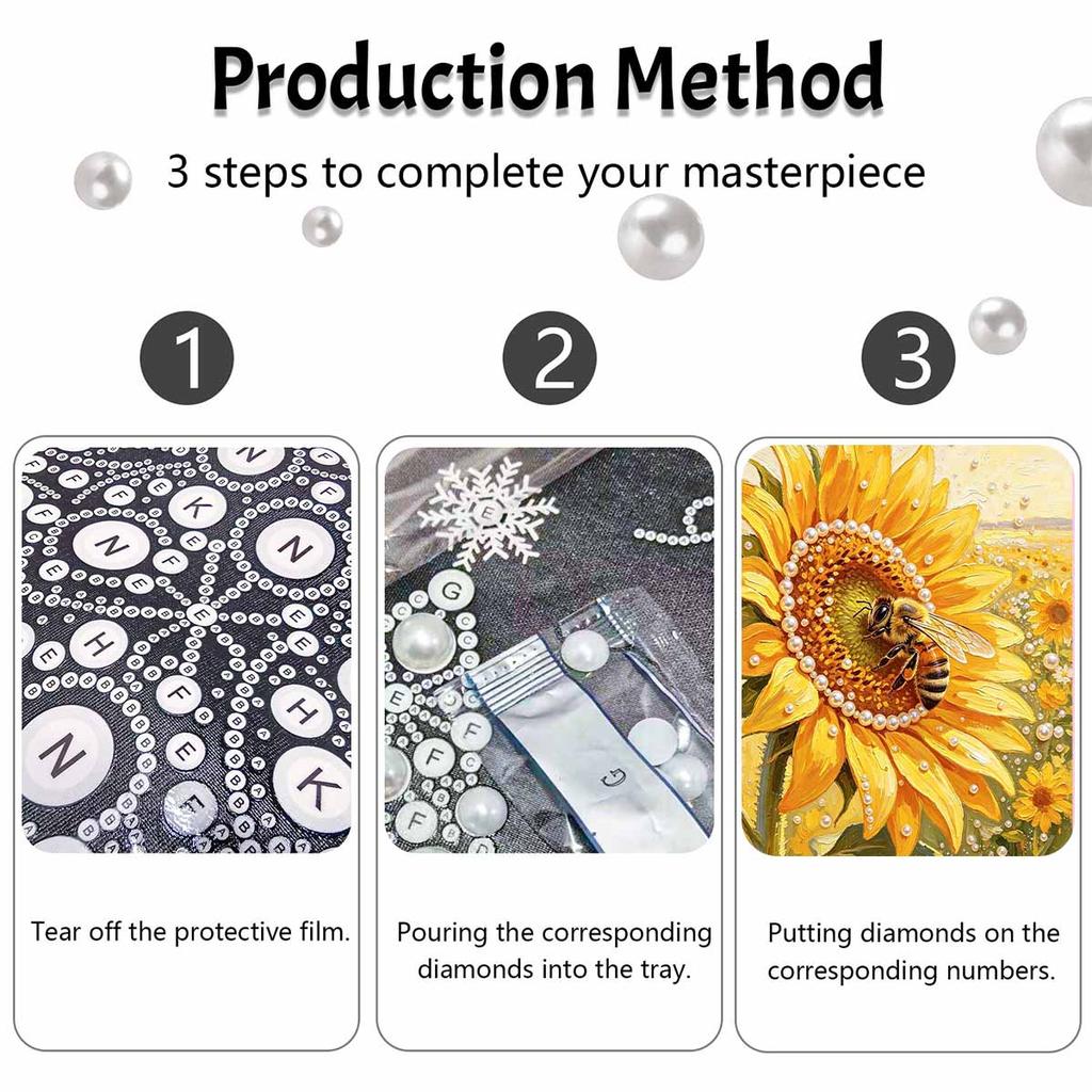 Sunflower and Bee Pattern 5D Pearl Painting Kit with Frame DIY Sparkling Bead Canvas Art Relaxing Craft for Home Wall Decor
