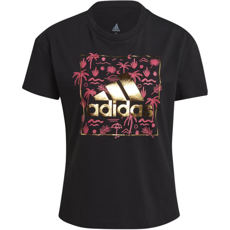 

Adidas Женская спортивная повседневная футболка с круглым вырезом и принтом логотипа растения, короткий рукав, для фитнеса, черная GL0921 L