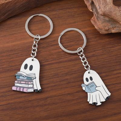 Chaveiro Fantasma de Halloween Fantasma de desenho animado segurando pingente de livro Chaveiro de madeira leve Jóias de Halloween para mulheres
