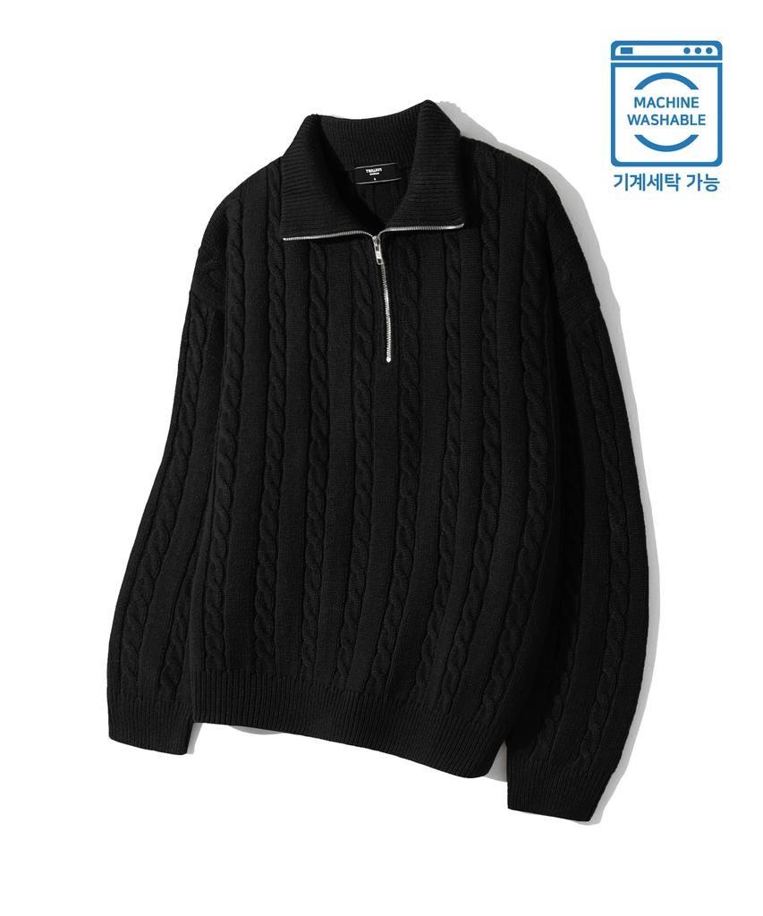 TRILLION Washable Half-Zip Collared Cable Knit (Pure Black)