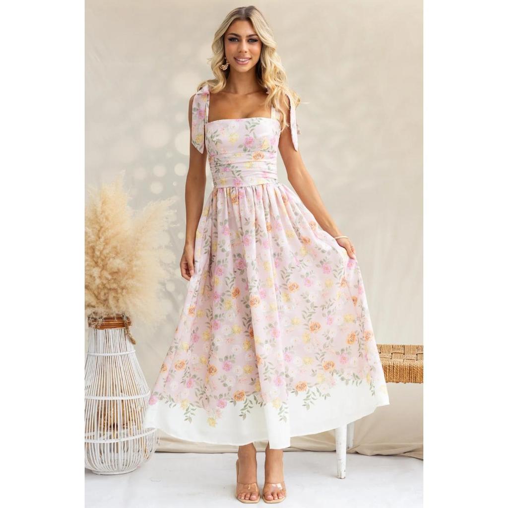 This Summer's New Resort-style French Floral Floral Cinched-waist Slimming, Color-block Strappy Jumpsuit Dress
