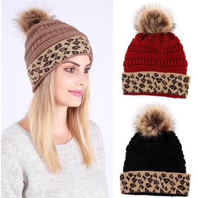 Neue aufgerollte verdickte warme Strickmütze Winterwollmütze Leopardenmuster modische Plüschmütze