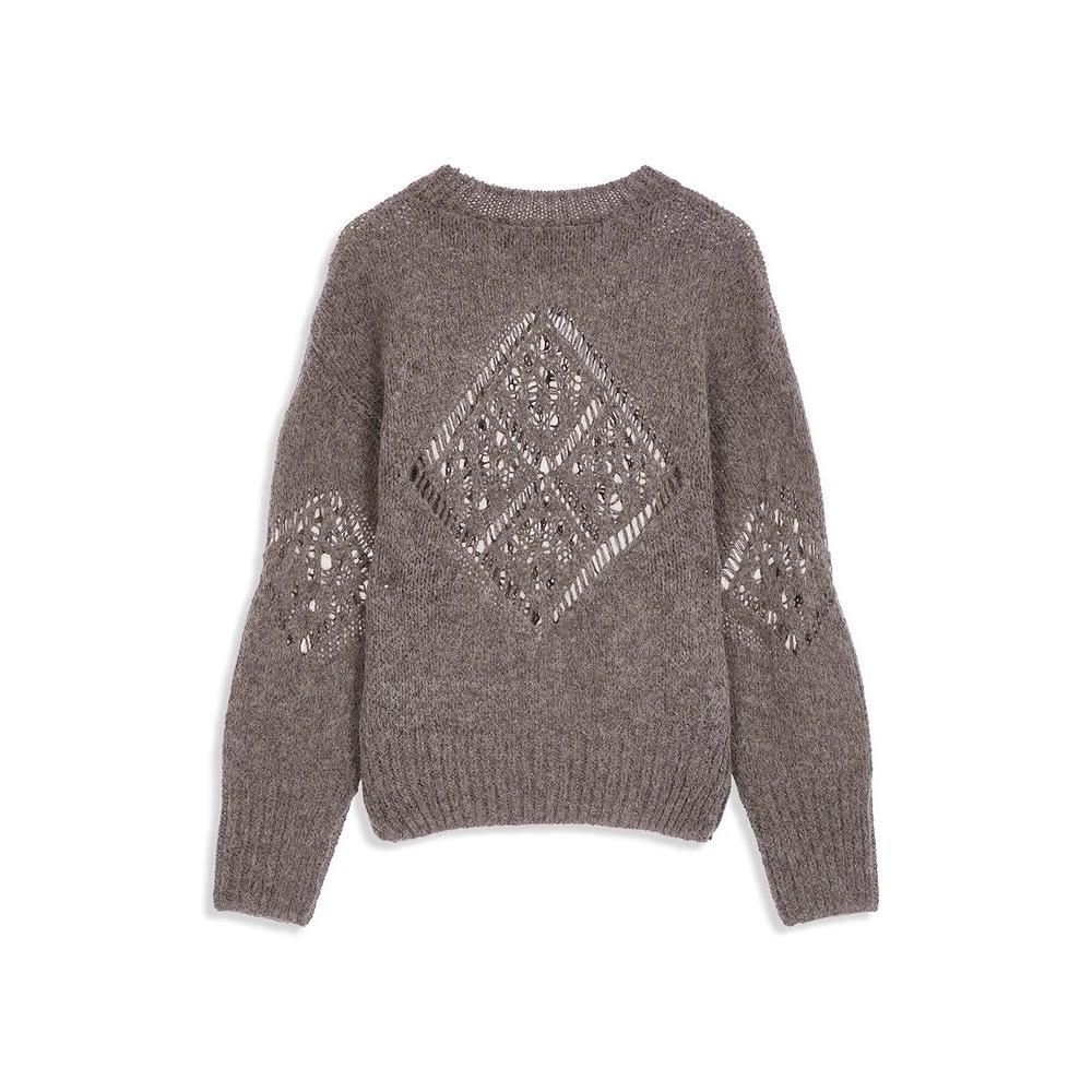 Alpaka-Wolle Ausgehöhlter Lockerer Strickpullover - Herbst/Winter Langarm Einfarbige