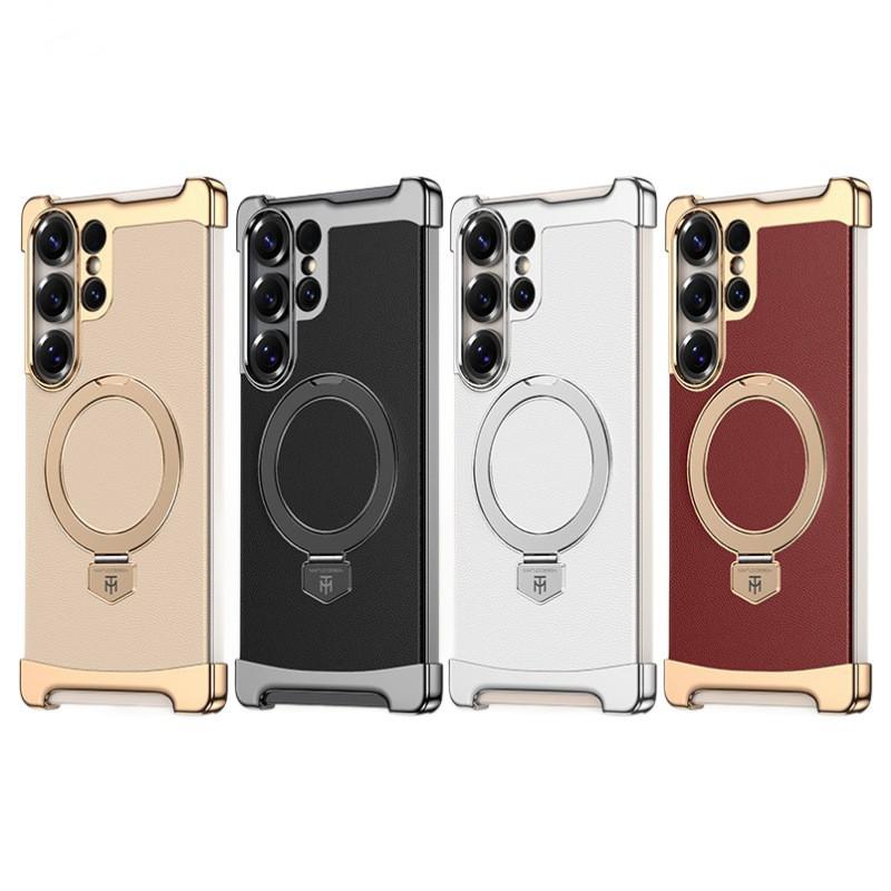 Slim Magnetic Leather Case Galaxy S25 Ultra Shockproof Fit Built-in Stand Premium Vegan Titanium Gold