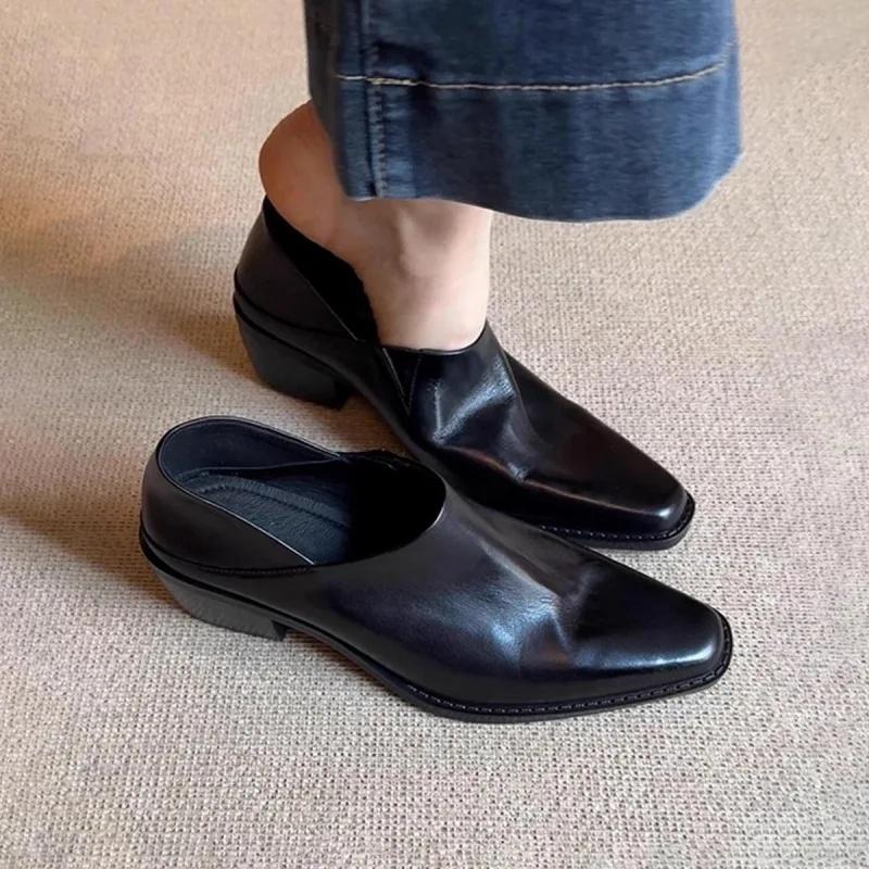 

Элегантные лоферы слипоны Женские Весна Лето Новый стиль Квадратный носок Индивидуальность Маленькие кожаные туфли Средний каблук Для работы Одиночные 40 чёрный