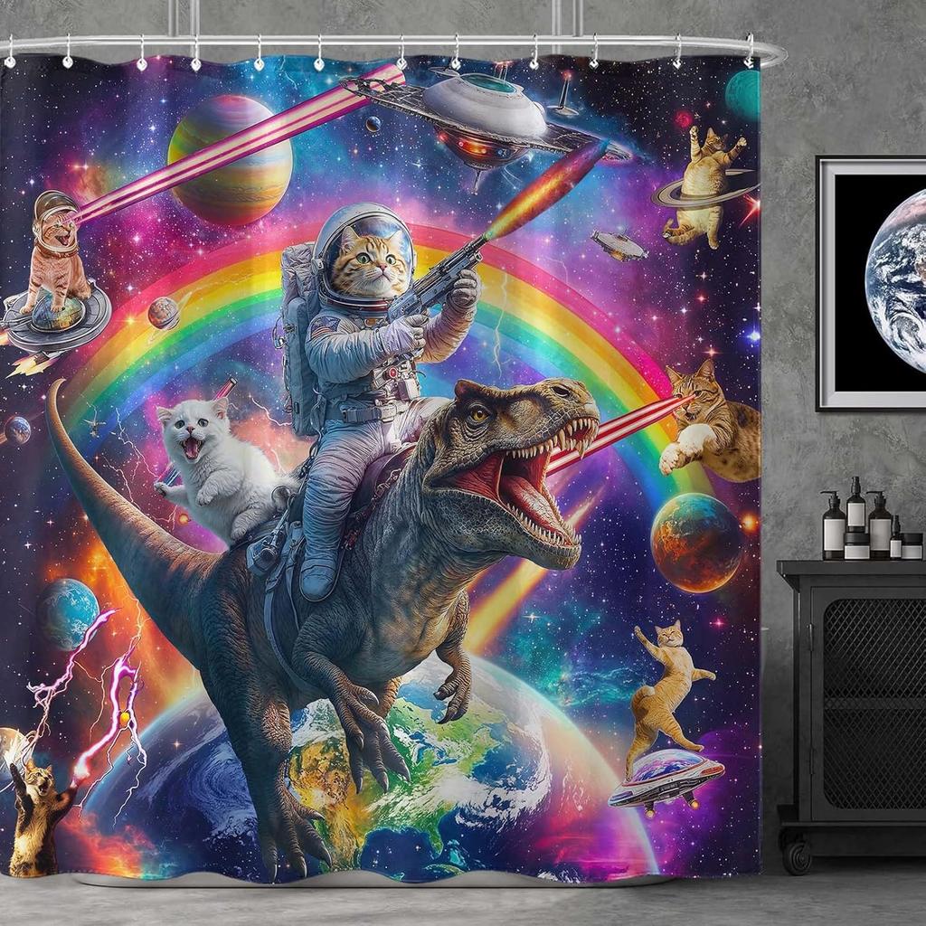 Galactic Cat Astronaut Waterproof Shower Curtain - Space Adventure with Dinosaur Ride for a Fun and Quirky Bathroom Decor