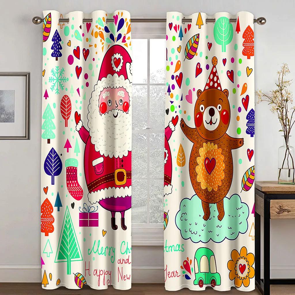 

Winter Christmas Printing Children Adult Bedroom Living Room Curtain Shade Cloth Can Be Hook Decorative Curtains Polyester Area Window Treatment W100*H130(CM)-Grommet top&2PCS