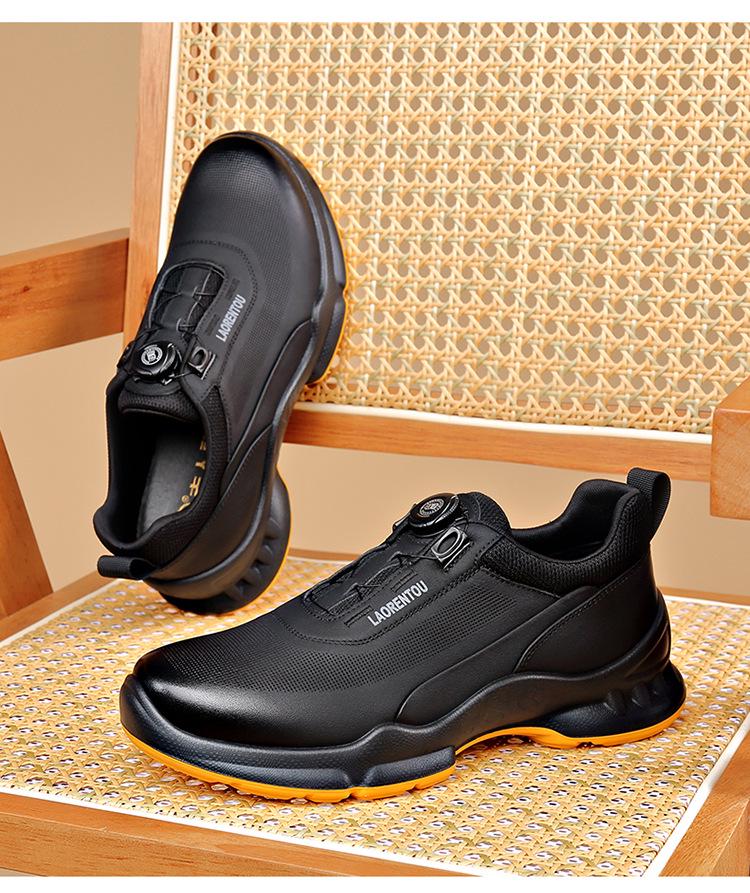 Laorentou Men's Genuine Leather Slip-On Running Shoes with Breathable Mesh and Rotating Buckle.