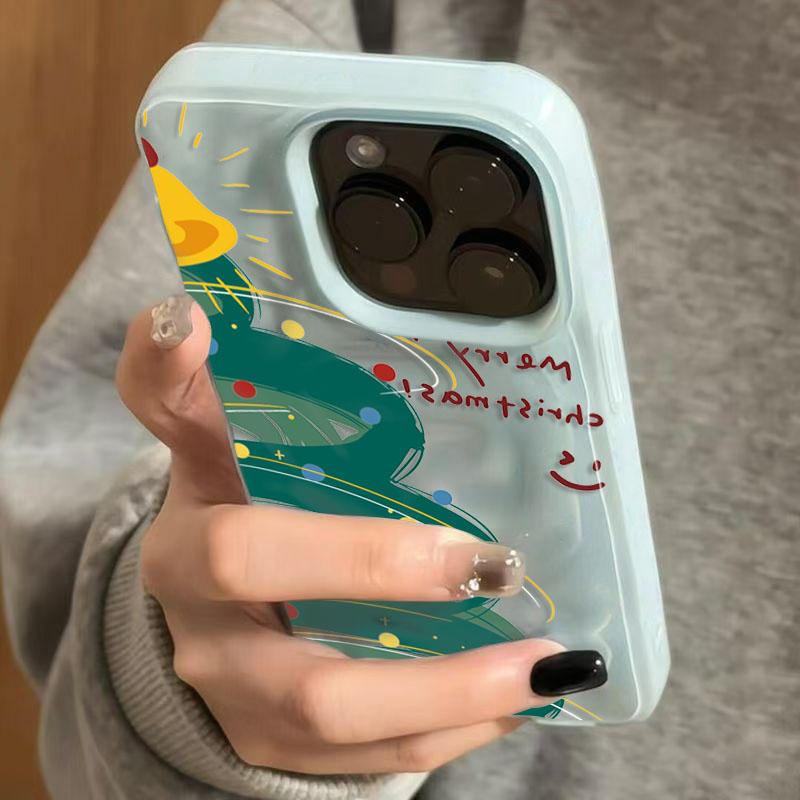 Case For iPhone 16 15 14 13 12 11 17 Pro Max Plus Cartoon Christmas Tree Folds Texture Soft Phone Cover For iPhone 17 Air Funda