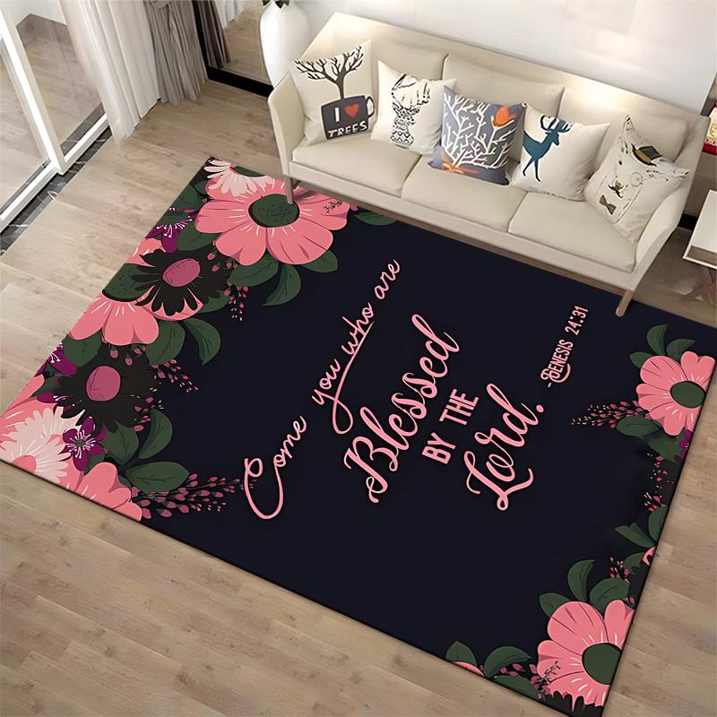 Floral Script: Blessed Quote Rug Non-slip Rug Suitable for Living Room and Bedroom Sofas.