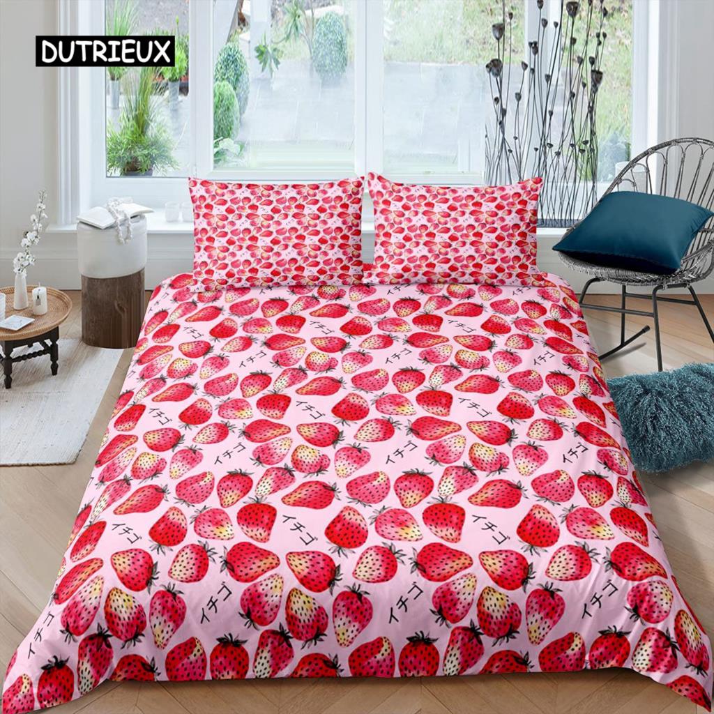 Erdbeer-Bettbezug-Set für Mädchen, King-Size-Bettbezug-Set, rote Erdbeer-Bettwäsche, Essen, Obst, Bettbezug für Kinder, Geschenk