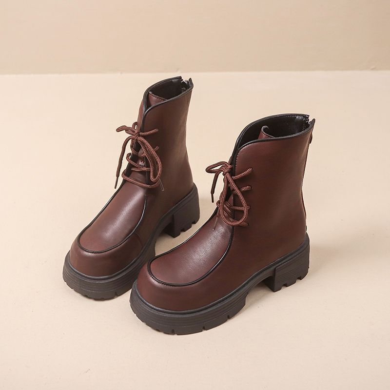 Small Thick-soled Heightened Lace-up Round Head Thick Heel Martin Boots Women's British Style Retro Women's Medium Boots 2025
