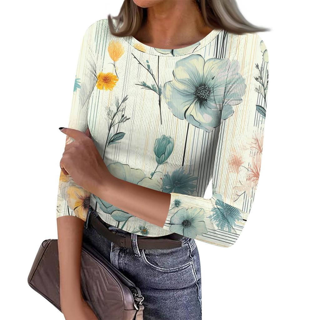 Women's Slim Bottom T-shirt Fashion Casual  Printed Round Neck Pullover Seven Sleeve Top