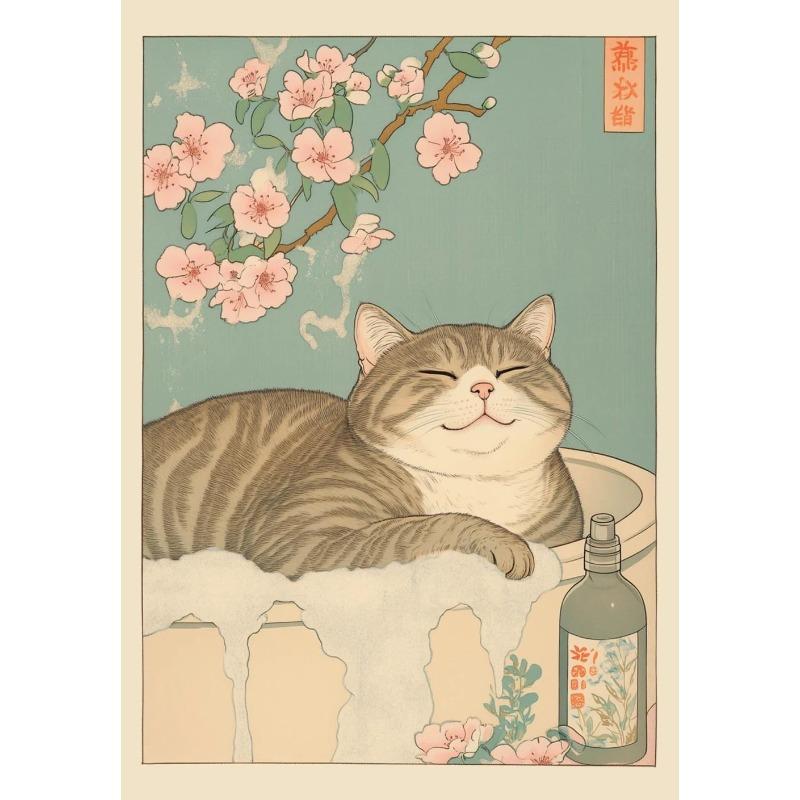 Gatto Tigrato Giapponese nella Vasca da Bagno Stampe Poster Pittura su Tela Estetica Retrò Arte da Parete Immagine Japandi Bagno Toilette Decorazione Casa
