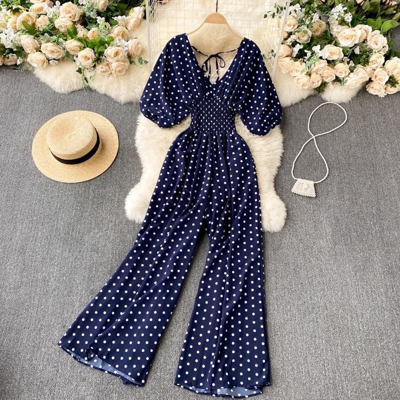 Summer Women Sexy Polka Dot Jumpsuits  Ladies Loose Wide Leg Pants Overalls Playsuits Casual Jumpsuits