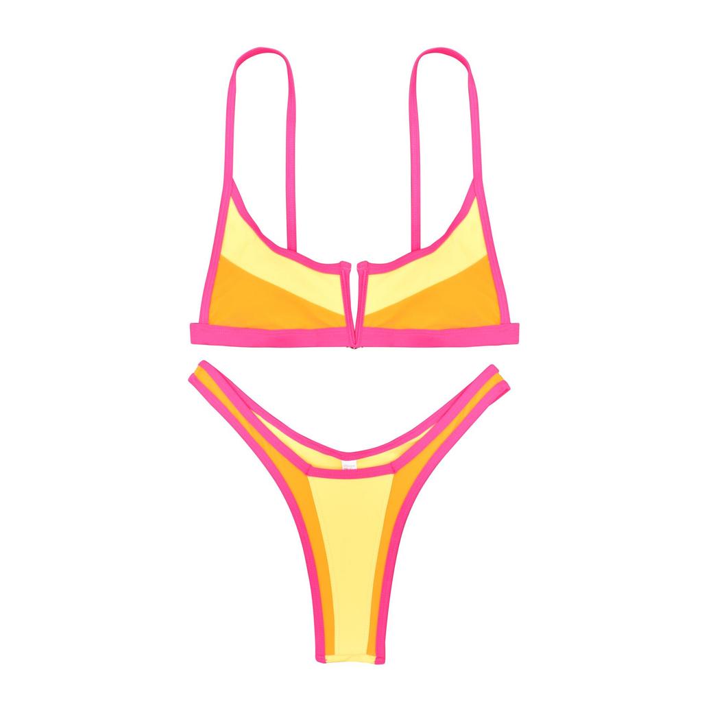 2025 V-Neck Color Block Push-Up Bikini with Split Design