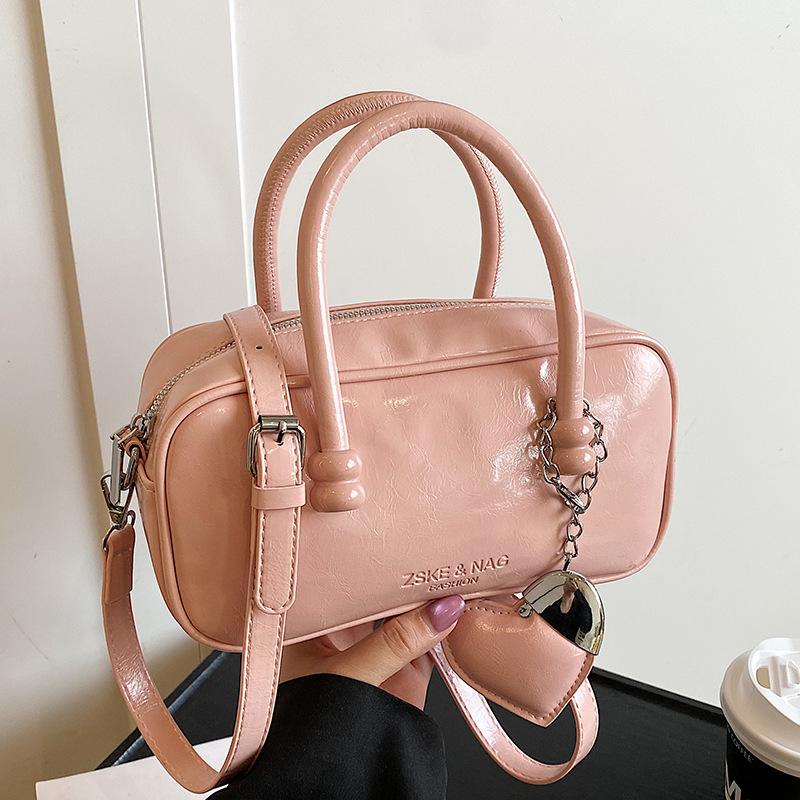 Korean Version of Fashionable Simple Retro Solid Color Portable Boston Bag Casual Versatile Solid Color Commuting Foreign Style Messenger Women's Bag