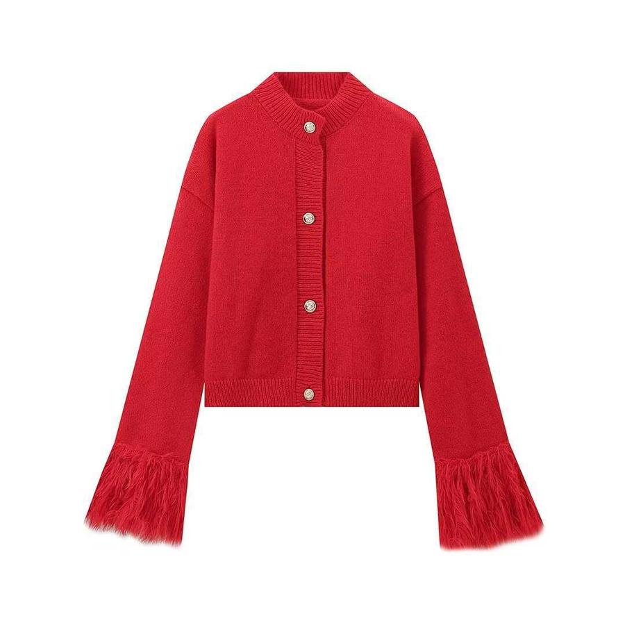 Ins Herbst Neuer Stil Damen Elegant Mode Rotes Federstrick Cardigan Mantel