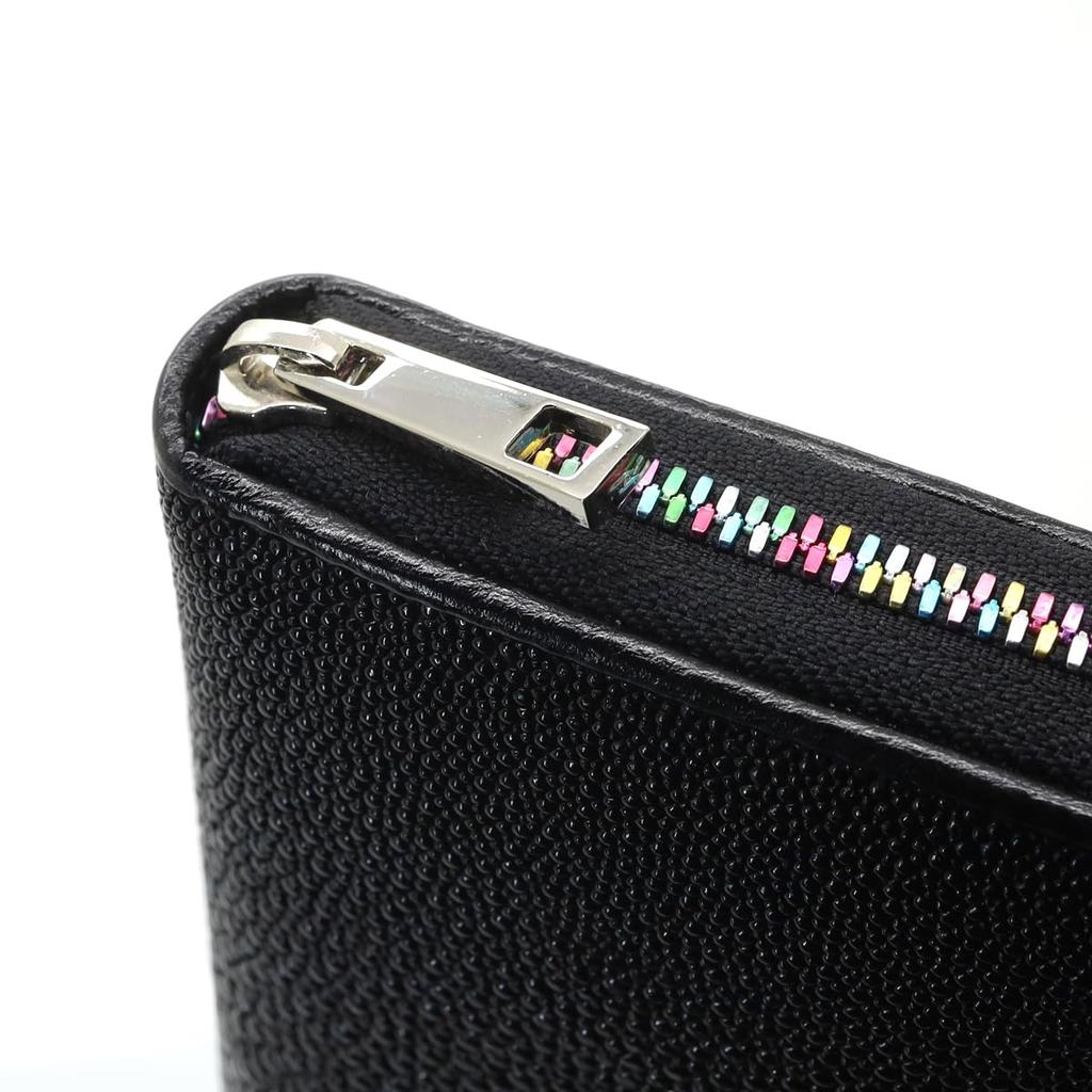 [Revetta] Stingray Leather Long Wallet, Black, Round Zipper, Genuine Leather, 21 Card Slots, Large Capacity, Caviar Finish [225stw]
