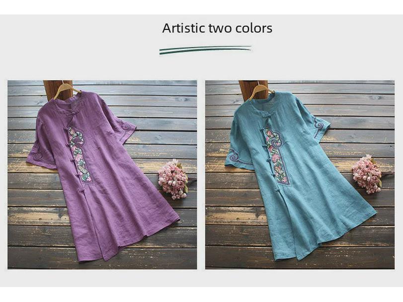 Women's Artistic Retro Dress: Short Sleeve, Loose Stand Collar, Solid Color, Heavy Embroidered Cotton-Linen Top for Summer 2024
