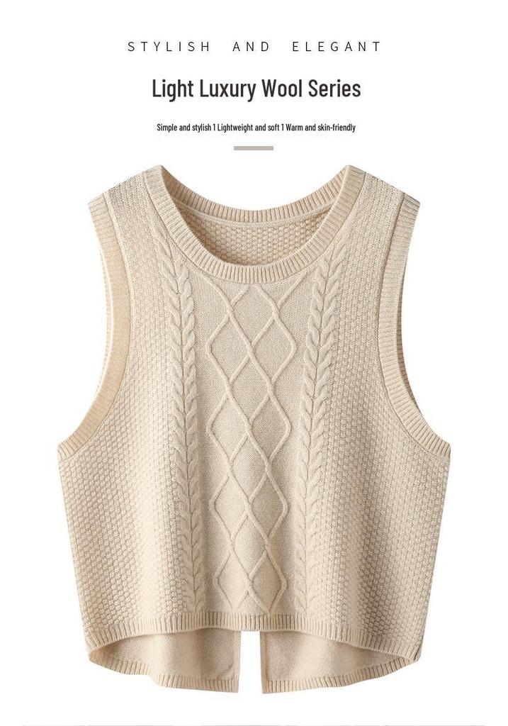 2023 Round Neck Wool Chunky Knit Sleeveless Cropped Cardigan Vest